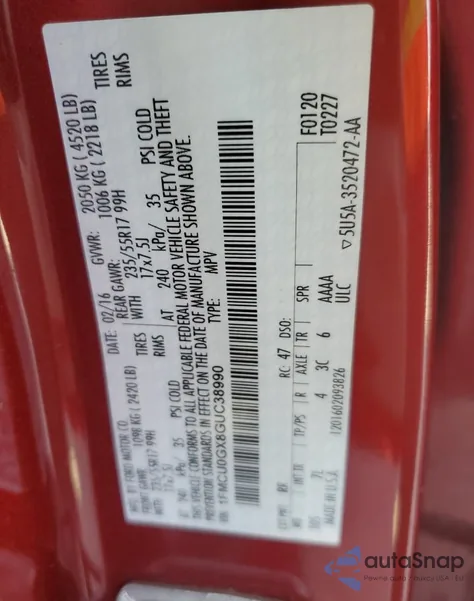 2016 Ford Escape Se из США, поврежденный, VIN 1FMCU0GX8GUC38990